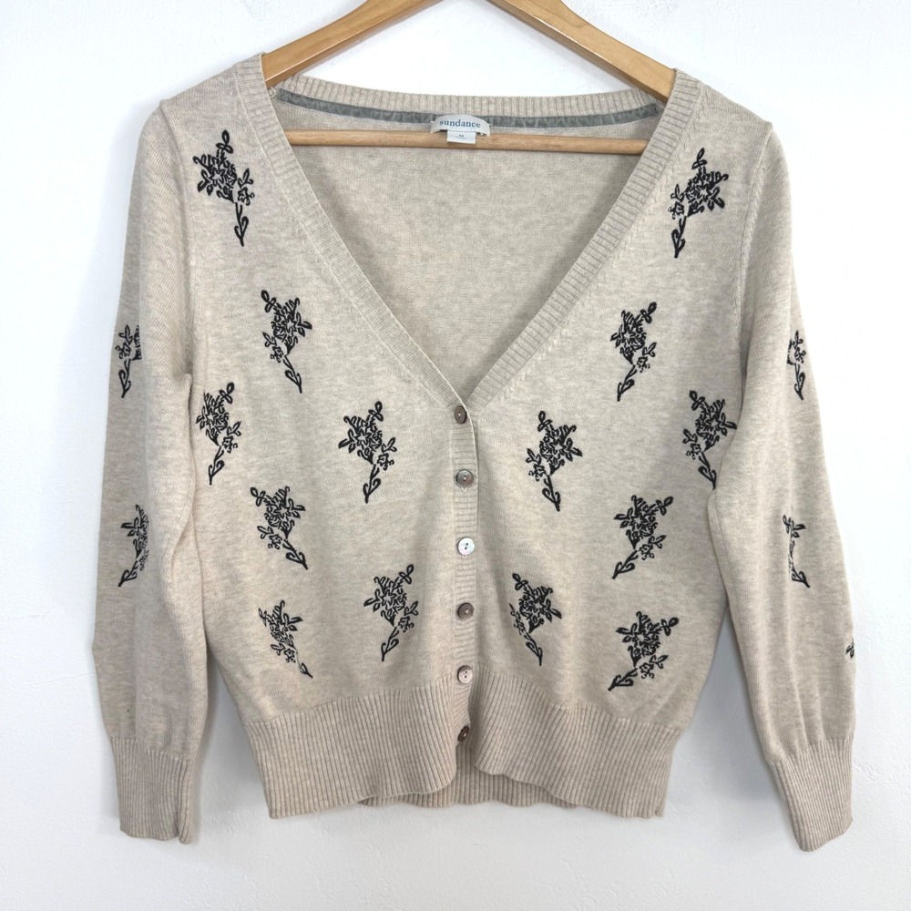 Sundance Floral Embroidered Cardigan Beige V-Neck Cottagecore‎ Boho Soft Girl M
